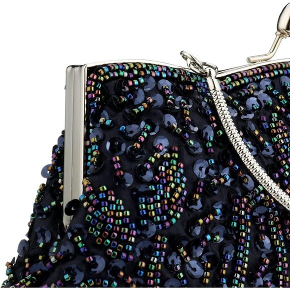 BEADED Sequin Flower Clutch Bag Blue - Picture 6 of 9